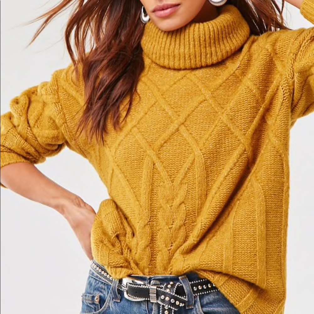 Forever 21 Mustard Cable Knit Turtleneck Sweater